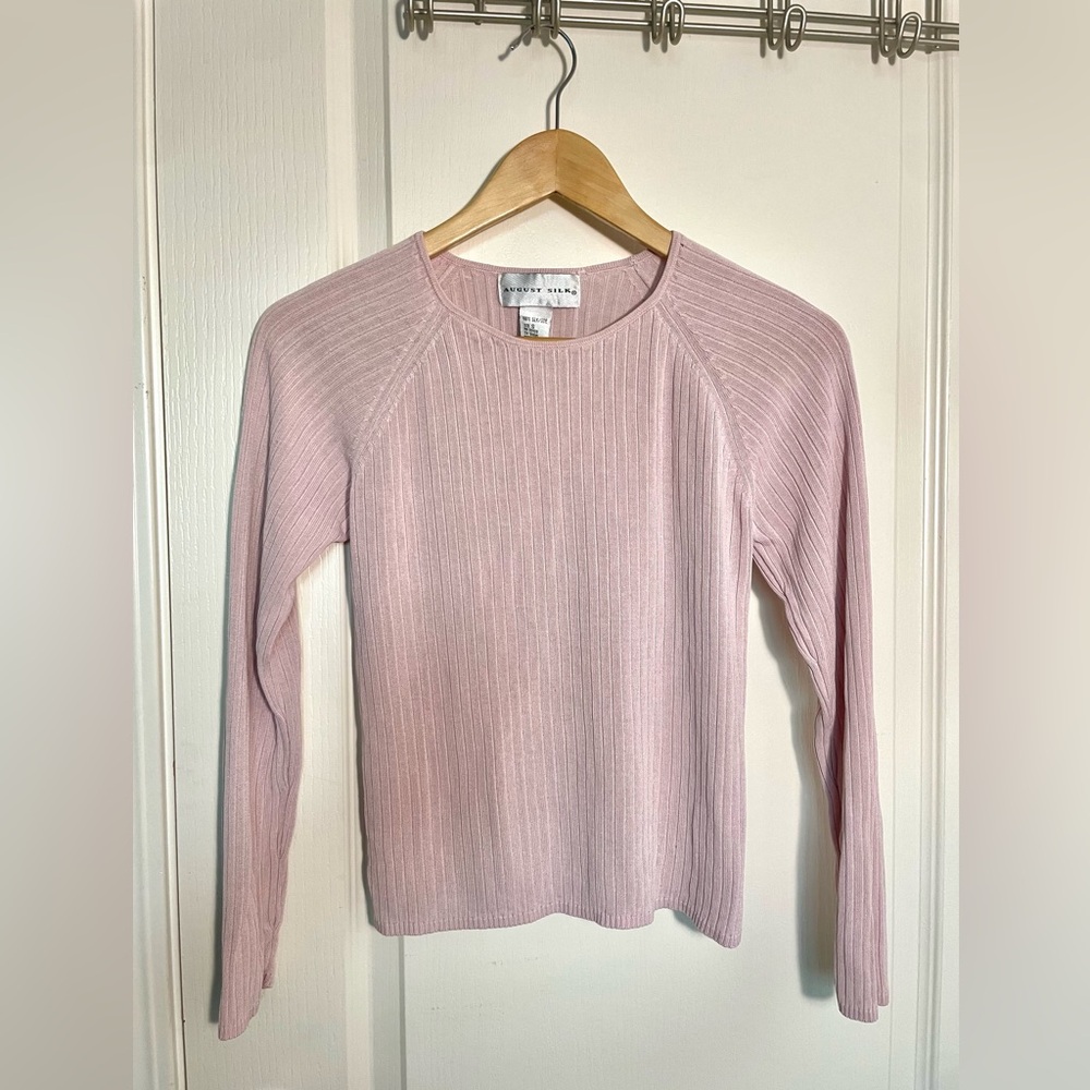 August Silk Women’s Light Pink Ribbed Long Sleeve 100% Silk Top Size S